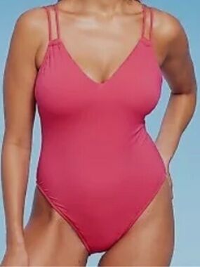 Shade & Shore Size XL Tunneled Plunge One Piece Swimsuit Pink Bathing Suit NWOT